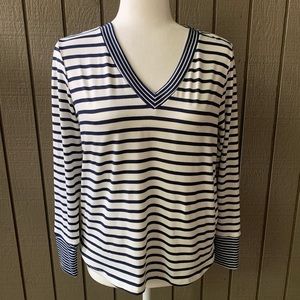 Bob-eau Navy Blue White Stripped V Neck Long Sleeve Top Small